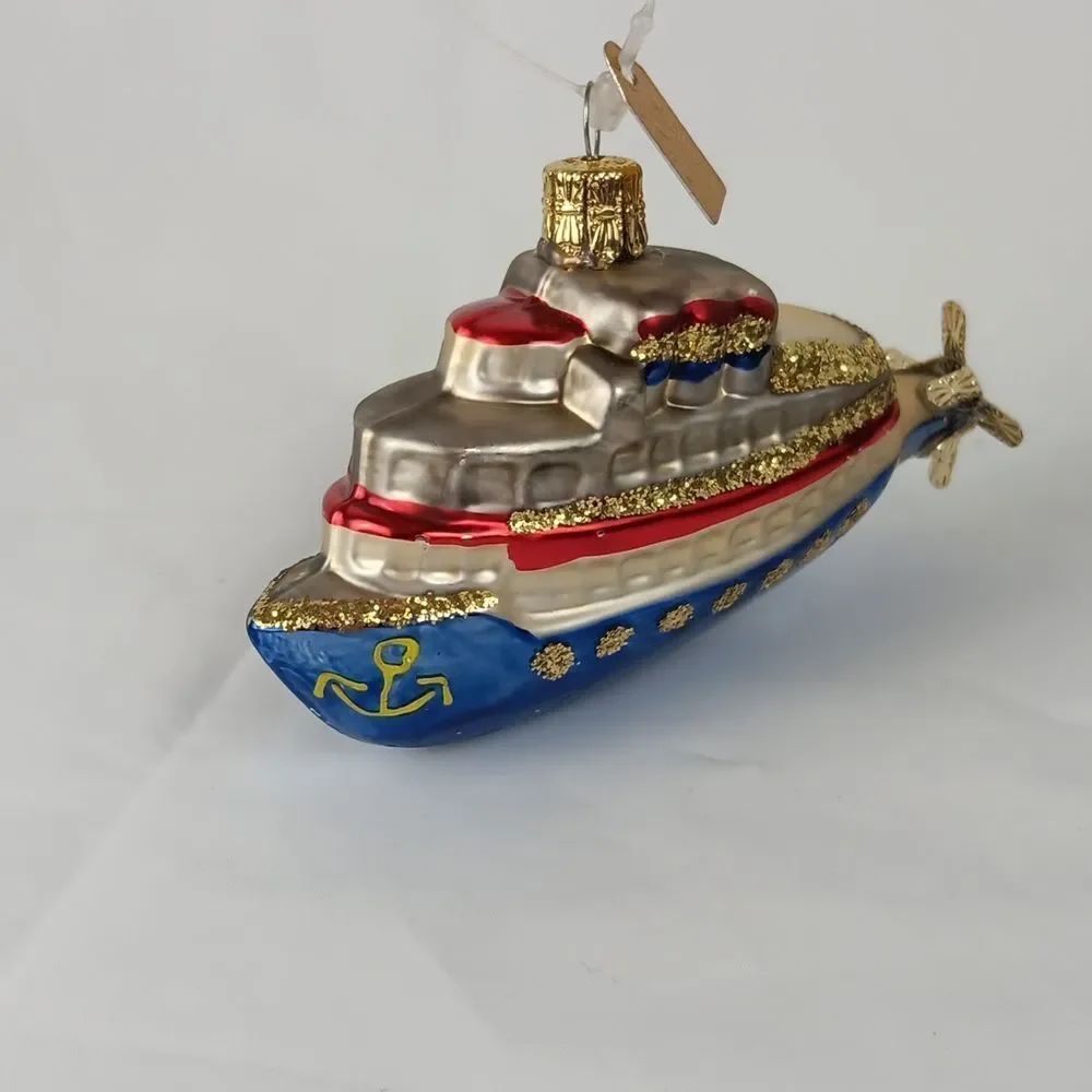 Discovery Channel Blown Glass Ornament Ship Yacht Glitter Christmas Tree Holiday
